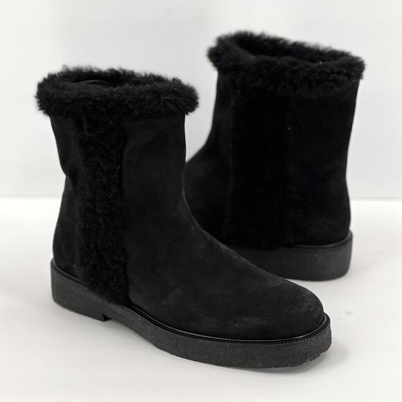 STAUD Shearling Boots Womens Black 9 Suede Flat Pull on Winter Short Round Toe - Picture 1 of 7
